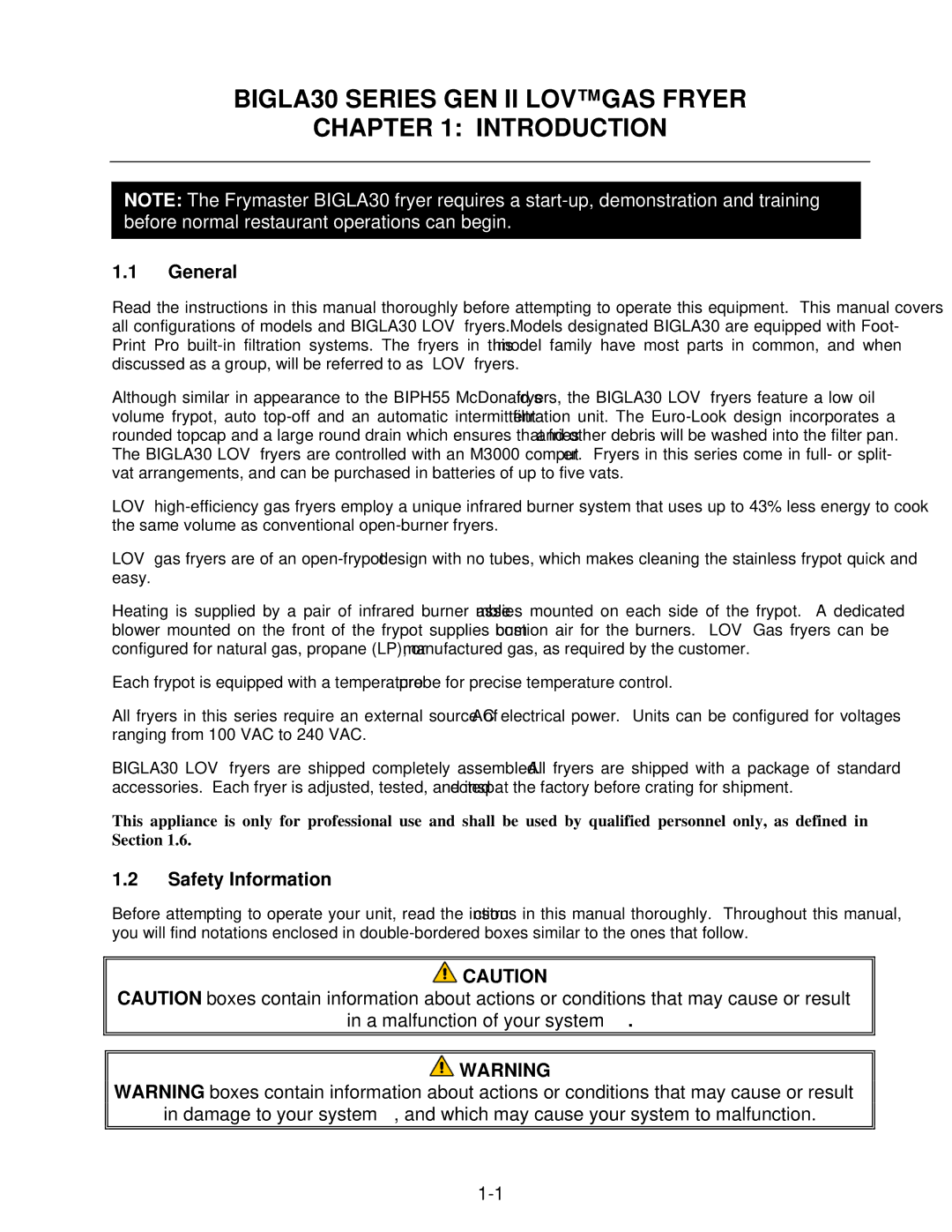 Frymaster BIGLA30 warranty General, Safety Information 