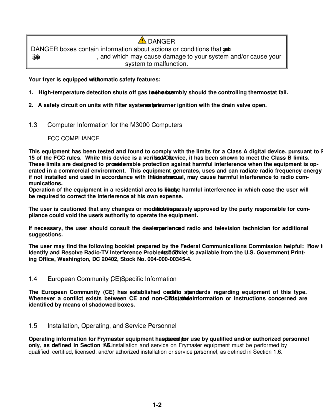 Frymaster BIGLA30 warranty Computer Information for the M3000 Computers, European Community CE Specific Information 