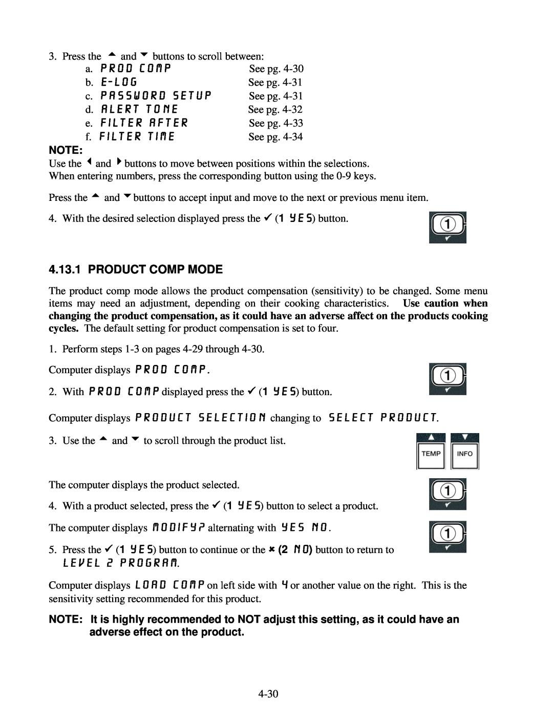 Frymaster BIGLA30 warranty Product Comp Mode, a. Prod comp, b. e-log, c. password SETUP, d. alert tone, e. filter After 