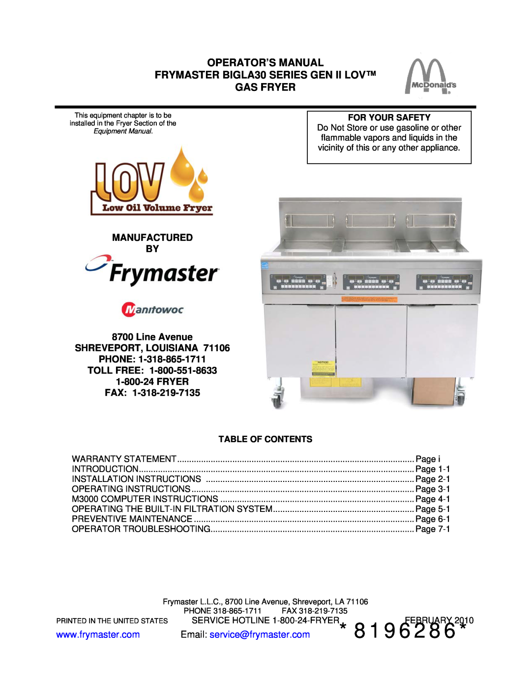 Frymaster warranty Operator’S Manual, FRYMASTER BIGLA30 SERIES GEN II LOV GAS FRYER, MANUFACTURED BY 8700 Line Avenue 