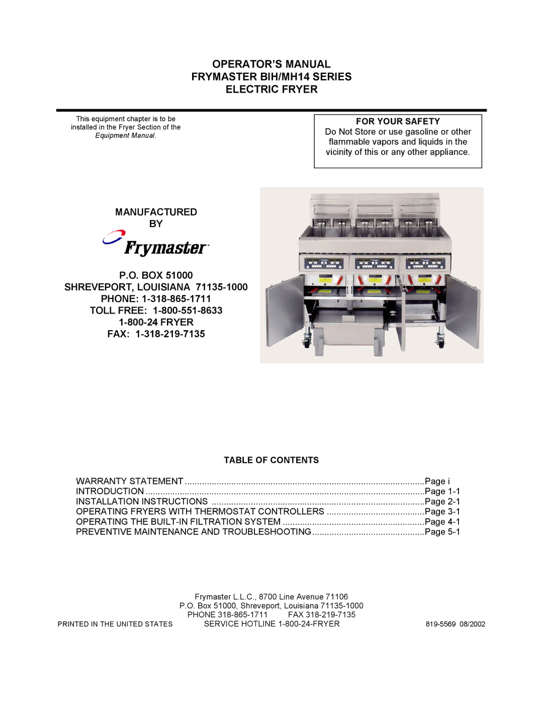 Frymaster BIH14 warranty OPERATOR’S Manual Frymaster BIH/MH14 Series Electric Fryer 