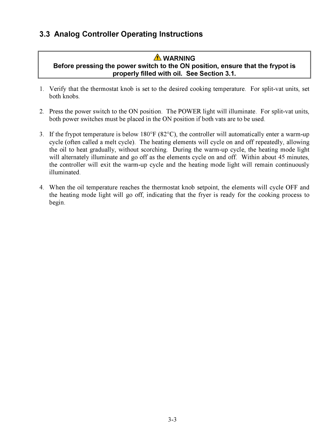 Frymaster MH14, BIH14 warranty Analog Controller Operating Instructions 