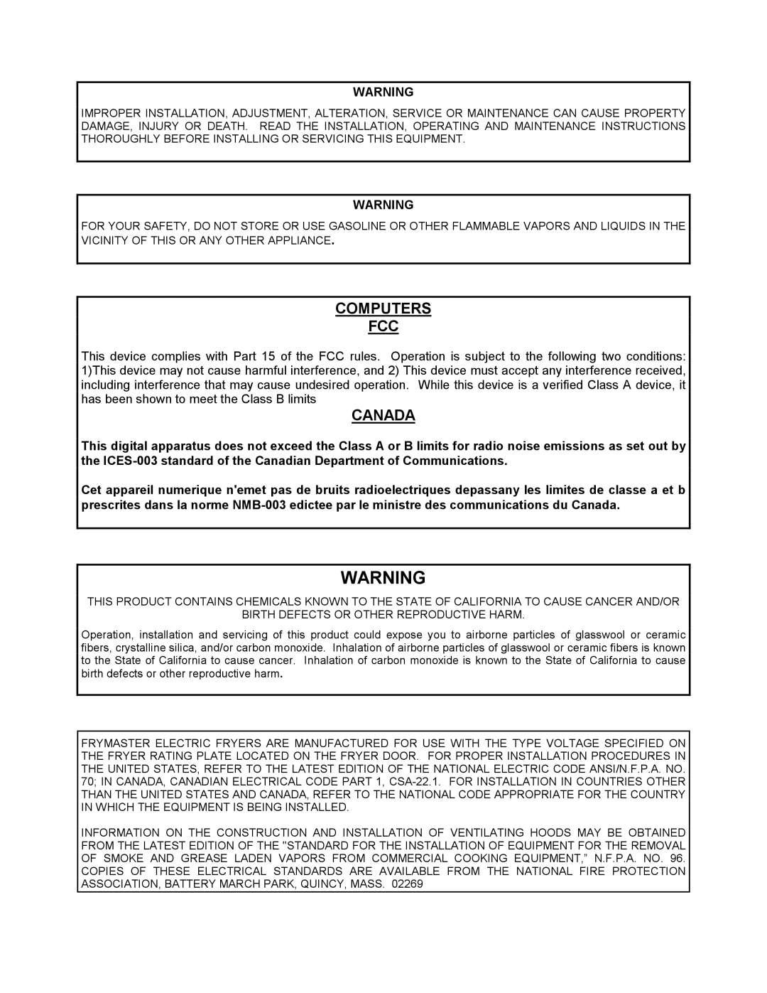 Frymaster BIH14, MH14 warranty Computers FCC 