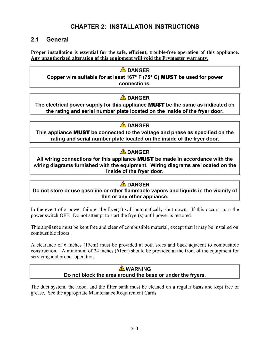 Frymaster BIH14, MH14 warranty Installation Instructions, Do not block the area around the base or under the fryers 