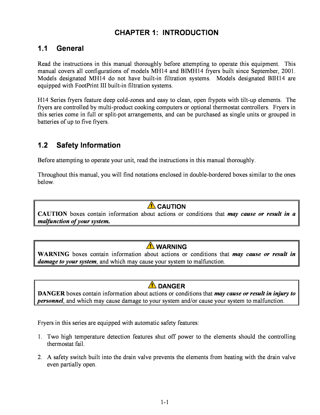 Frymaster MH14, BIH14 warranty INTRODUCTION 1.1General, 1.2Safety Information, Danger 