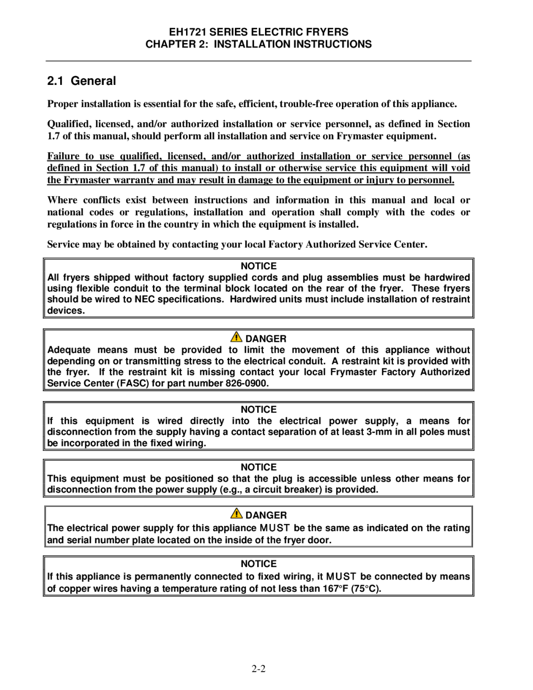 Frymaster BIH1721, FPH1721 operation manual EH1721 Series Electric Fryers Installation Instructions 