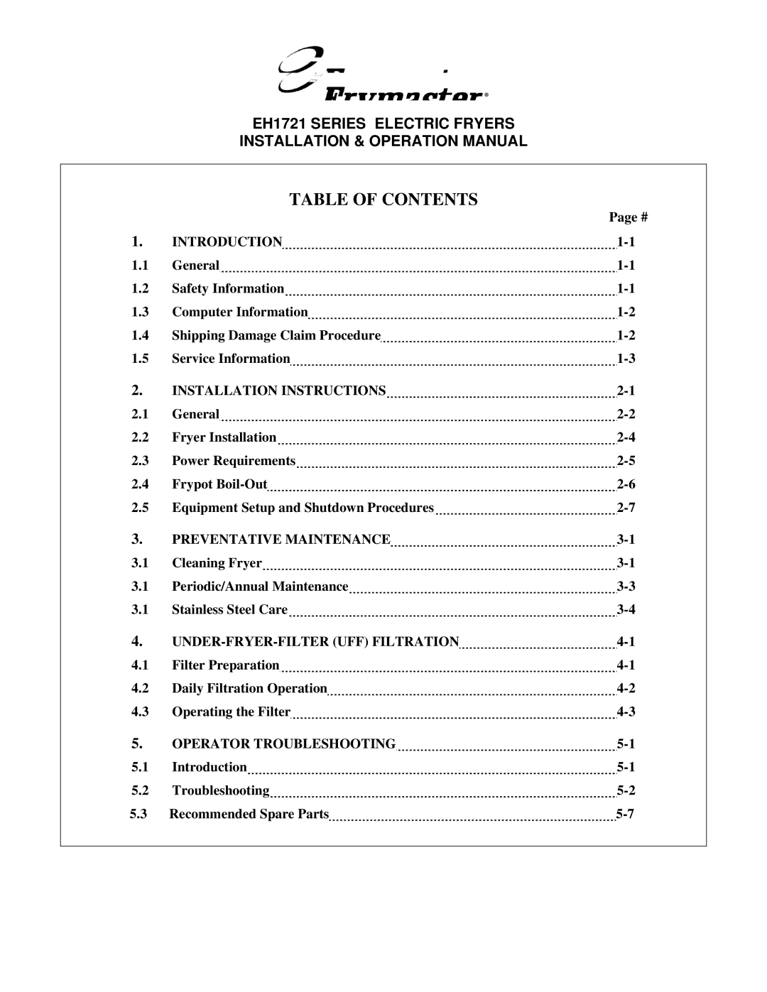 Frymaster BIH1721, FPH1721 operation manual Table of Contents 