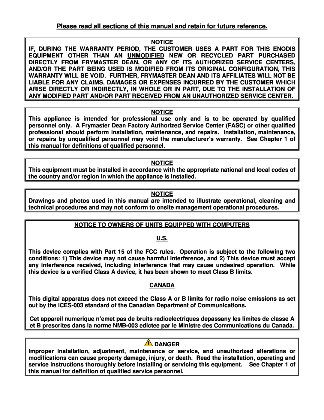Frymaster BIH1721, FPH1721 operation manual Notice To Owners Of Units Equipped With Computers U.S 
