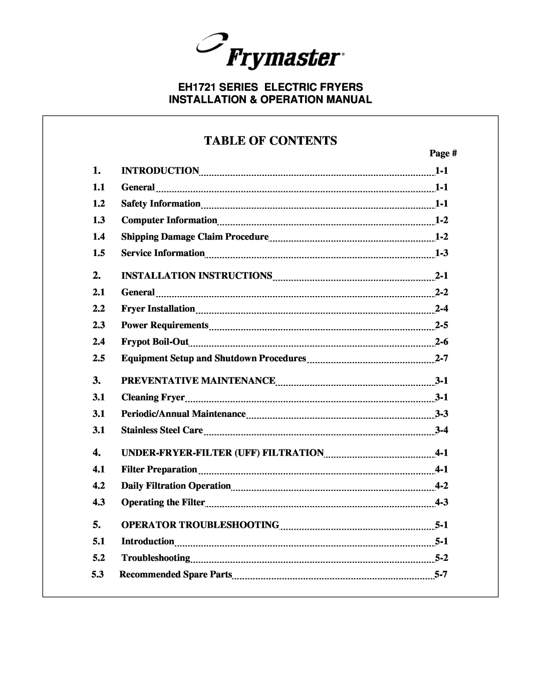 Frymaster BIH1721, FPH1721 operation manual Table Of Contents 
