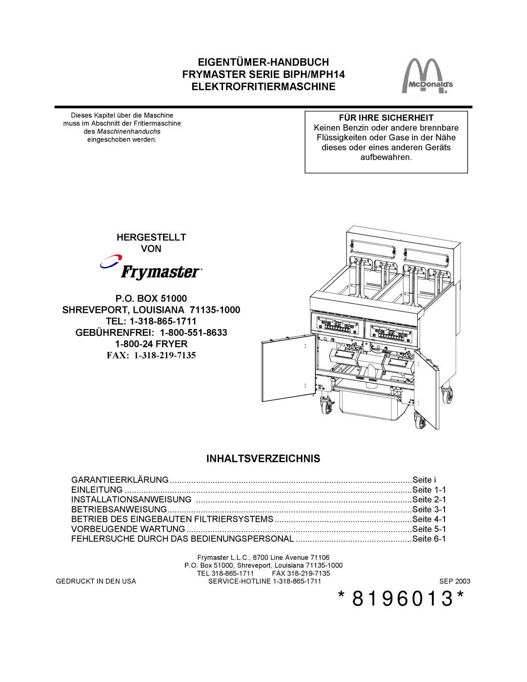 Frymaster BIPH/MPH14 manual Hergestellt VON, Box, SHREVEPORT, Louisiana, TEL Gebührenfrei Fryer, Fax 