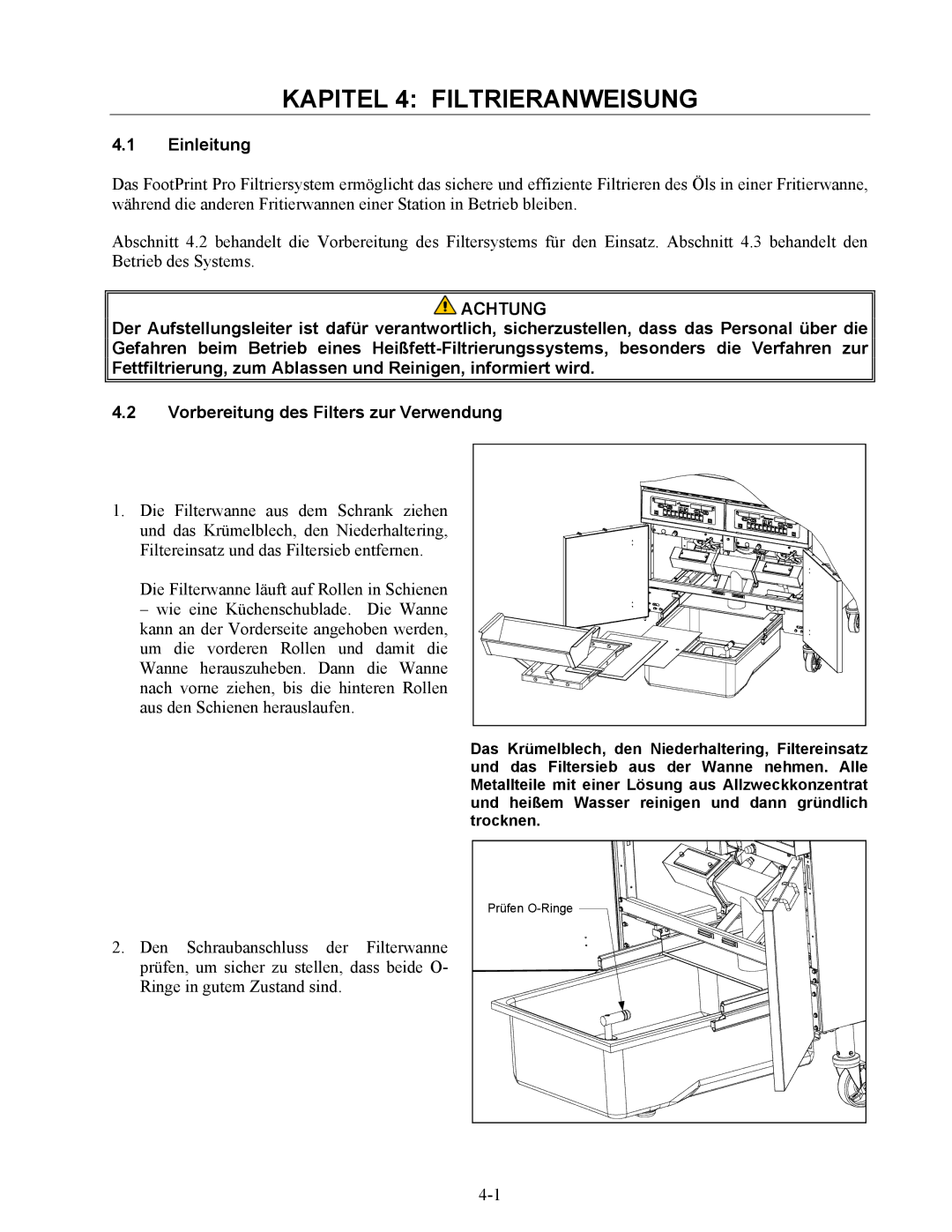 Frymaster BIPH/MPH14 manual Kapitel 4 Filtrieranweisung, Einleitung 