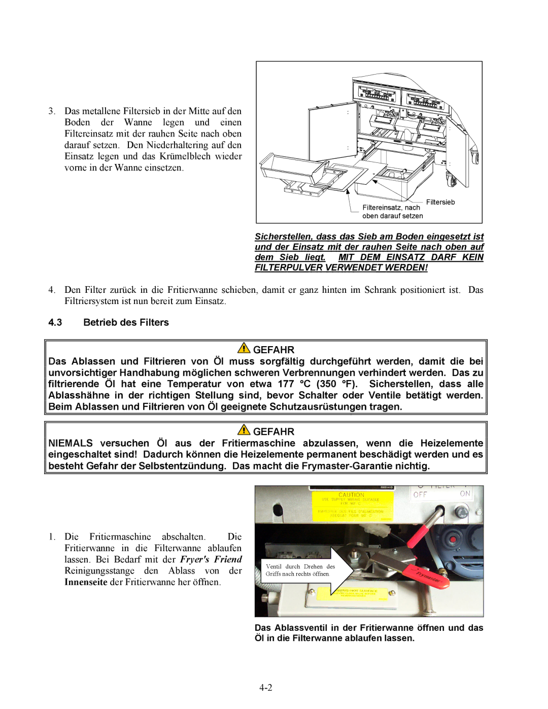 Frymaster BIPH/MPH14 manual Betrieb des Filters, Gefahr 