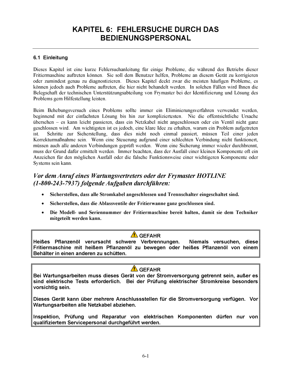 Frymaster BIPH/MPH14 manual Kapitel 6 Fehlersuche Durch DAS Bedienungspersonal, Einleitung 