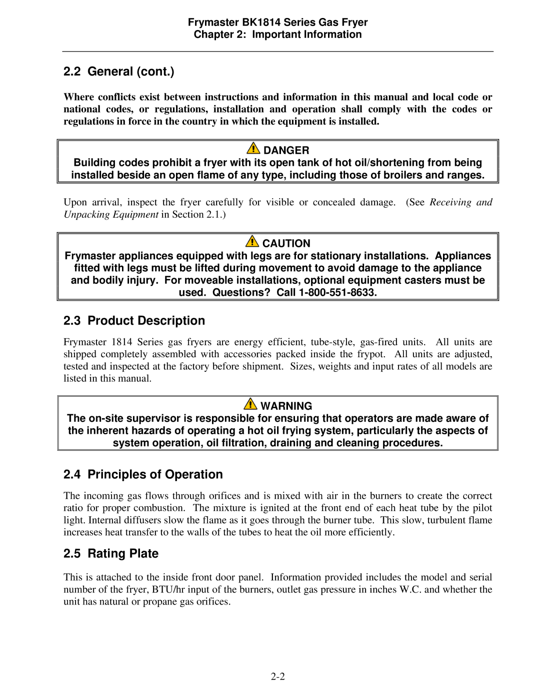 Frymaster BK1814 operation manual Product Description, Principles of Operation, Rating Plate 