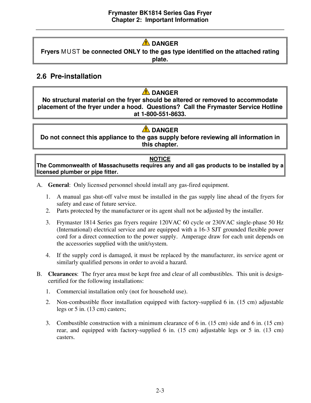 Frymaster BK1814 operation manual Pre-installation 