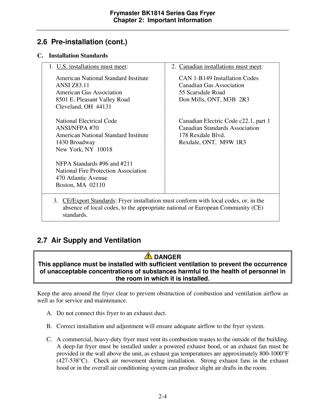 Frymaster BK1814 operation manual Air Supply and Ventilation, Installation Standards 