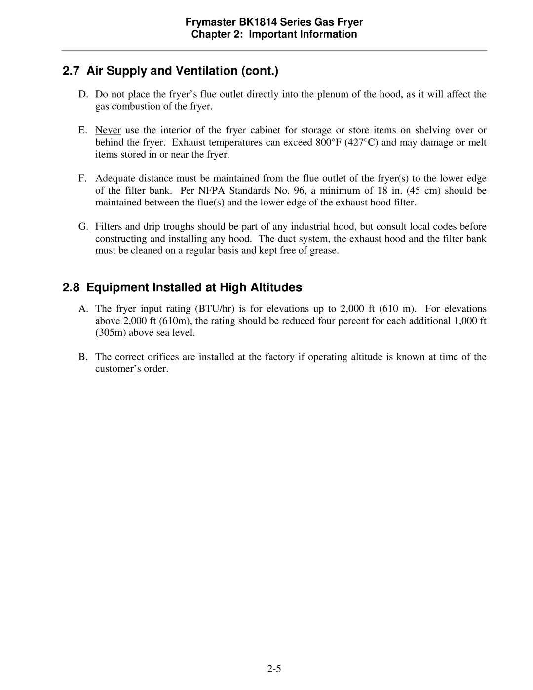 Frymaster BK1814 operation manual Equipment Installed at High Altitudes 