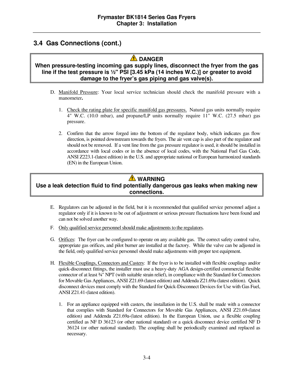 Frymaster BK1814 operation manual Gas Connections 