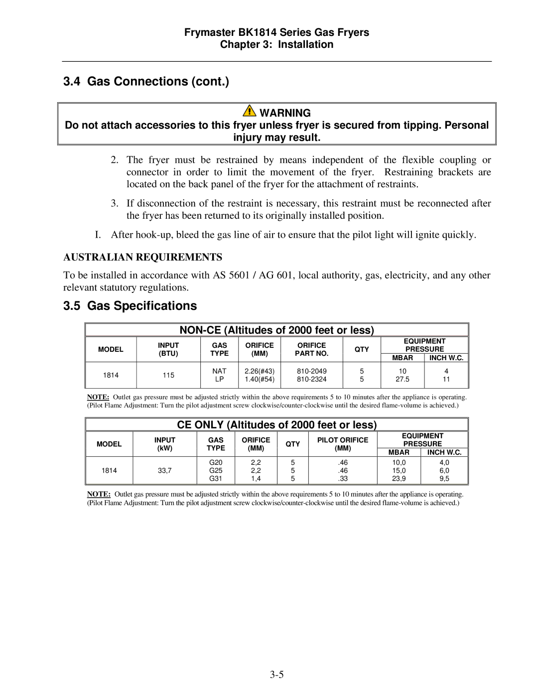 Frymaster BK1814 operation manual Gas Specifications, Australian Requirements 