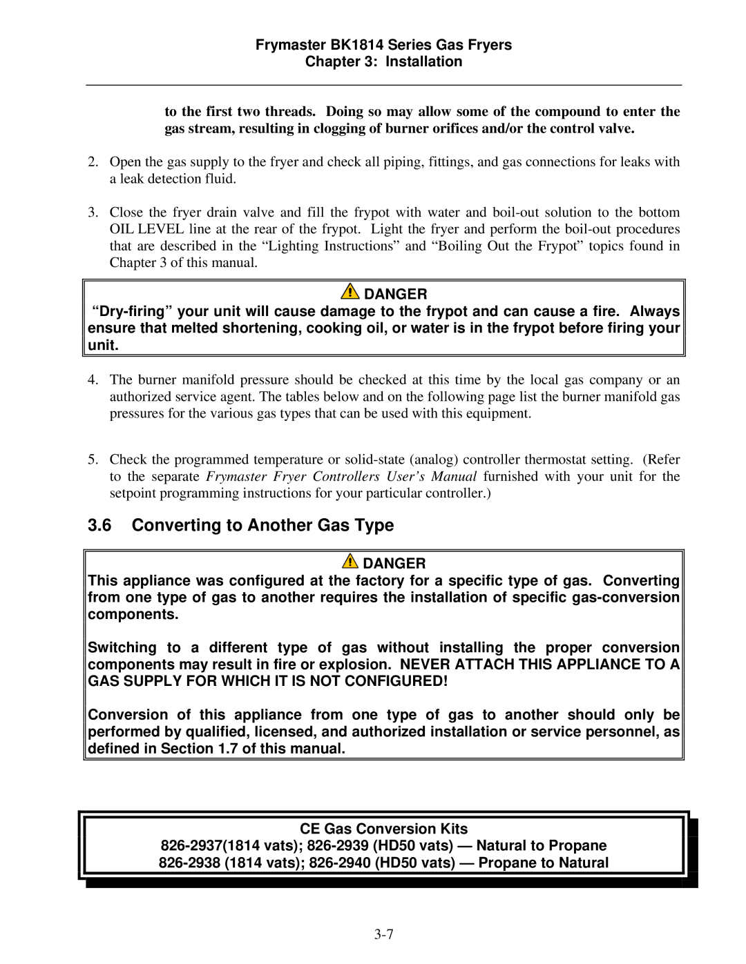Frymaster BK1814 operation manual Converting to Another Gas Type 