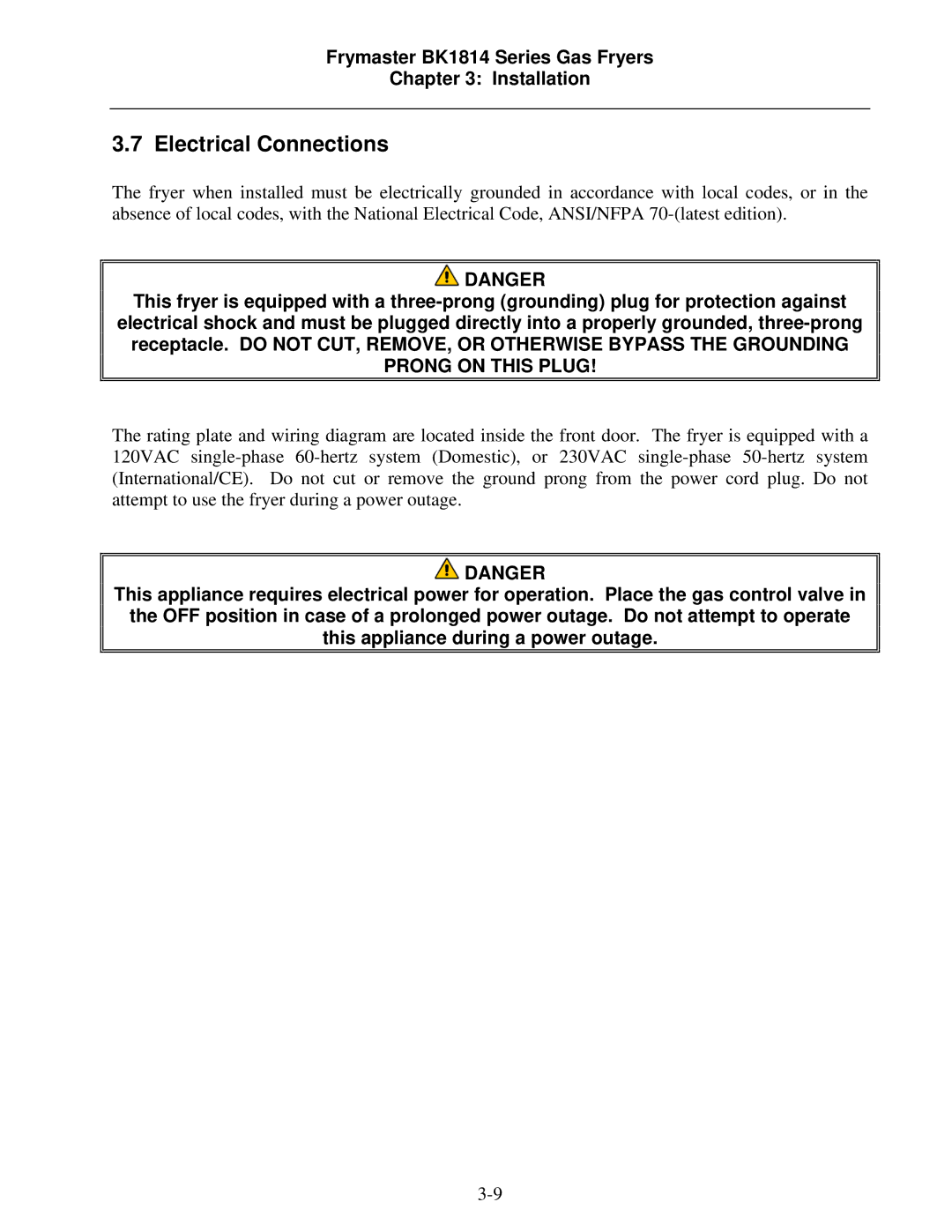 Frymaster BK1814 operation manual Electrical Connections 