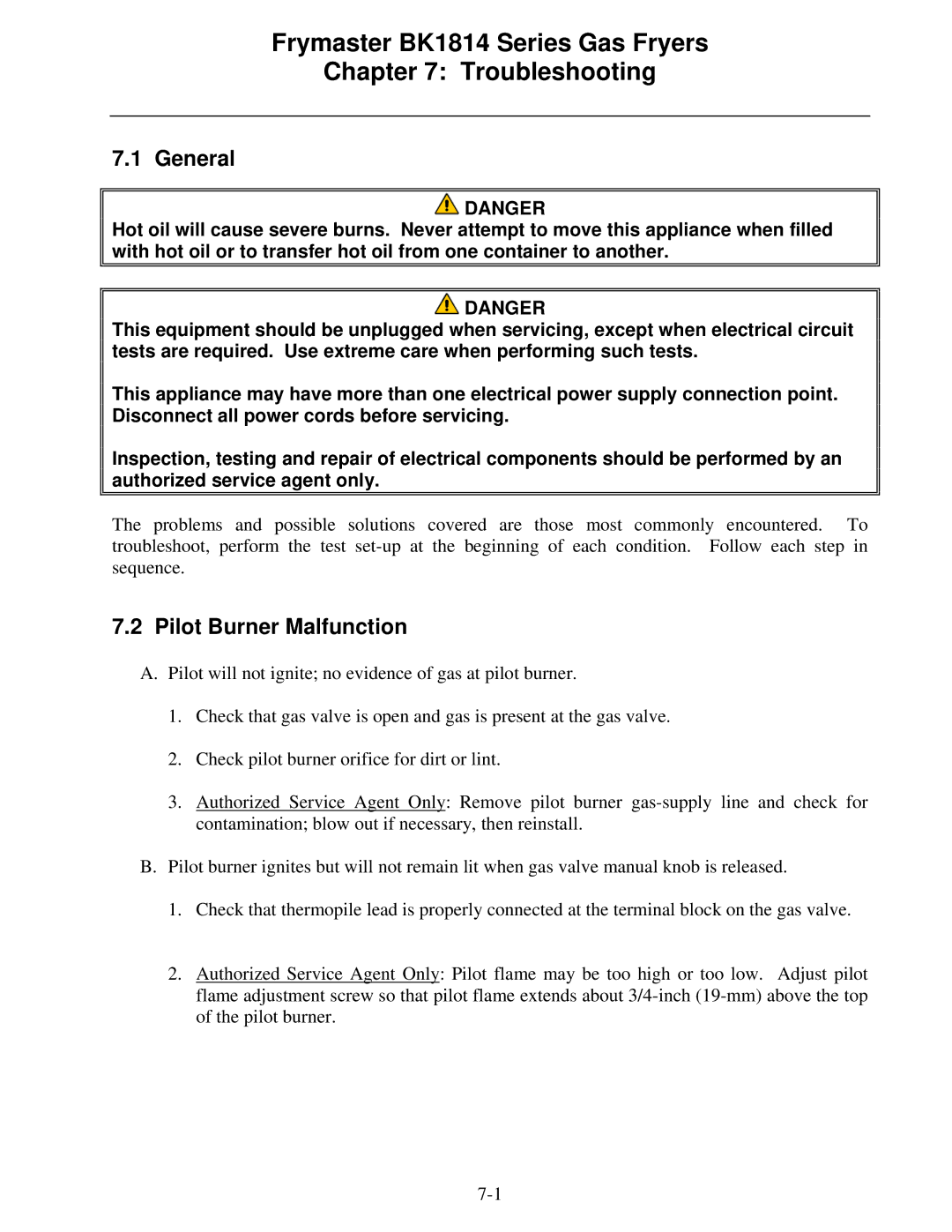 Frymaster operation manual Frymaster BK1814 Series Gas Fryers Troubleshooting, Pilot Burner Malfunction 