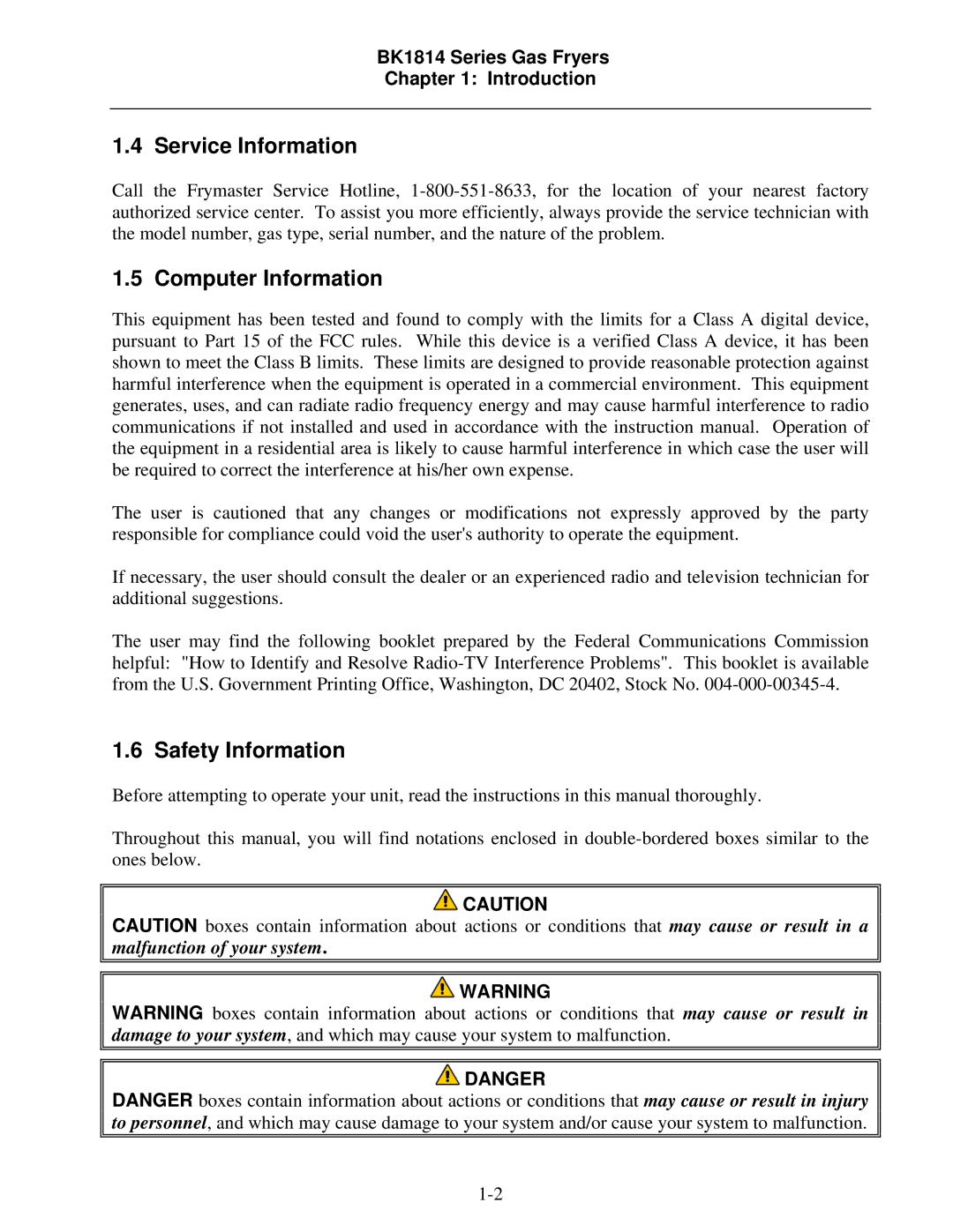 Frymaster BK1814 operation manual Service Information, Computer Information, Safety Information 