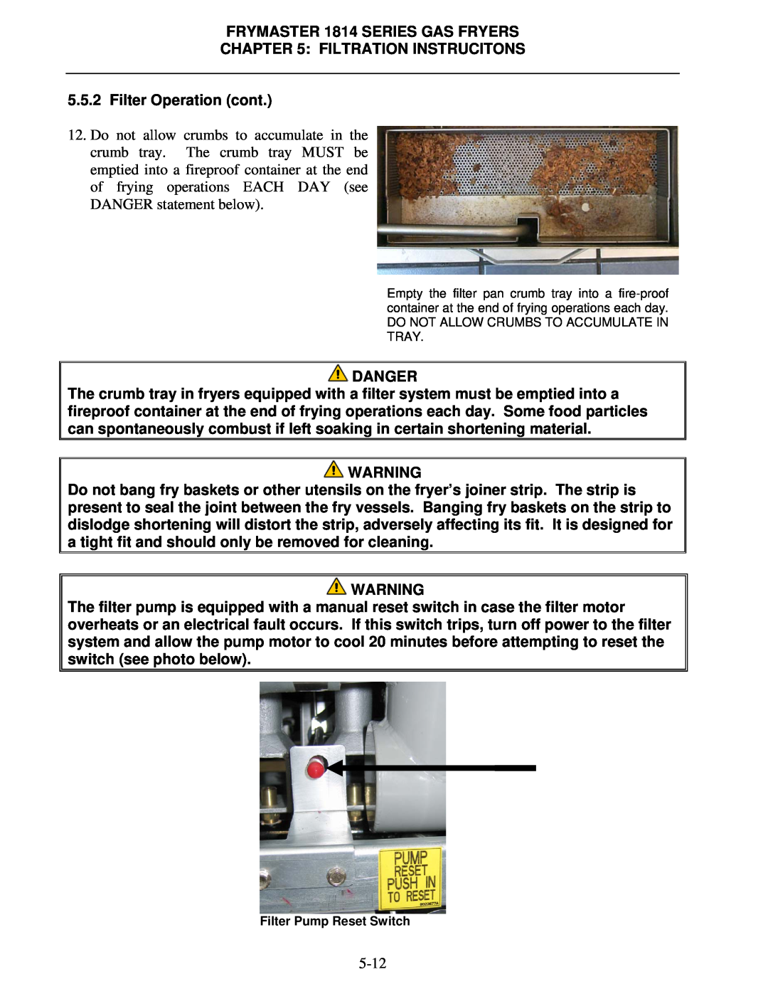 Frymaster BK1814 operation manual 5-12, Filter Pump Reset Switch 