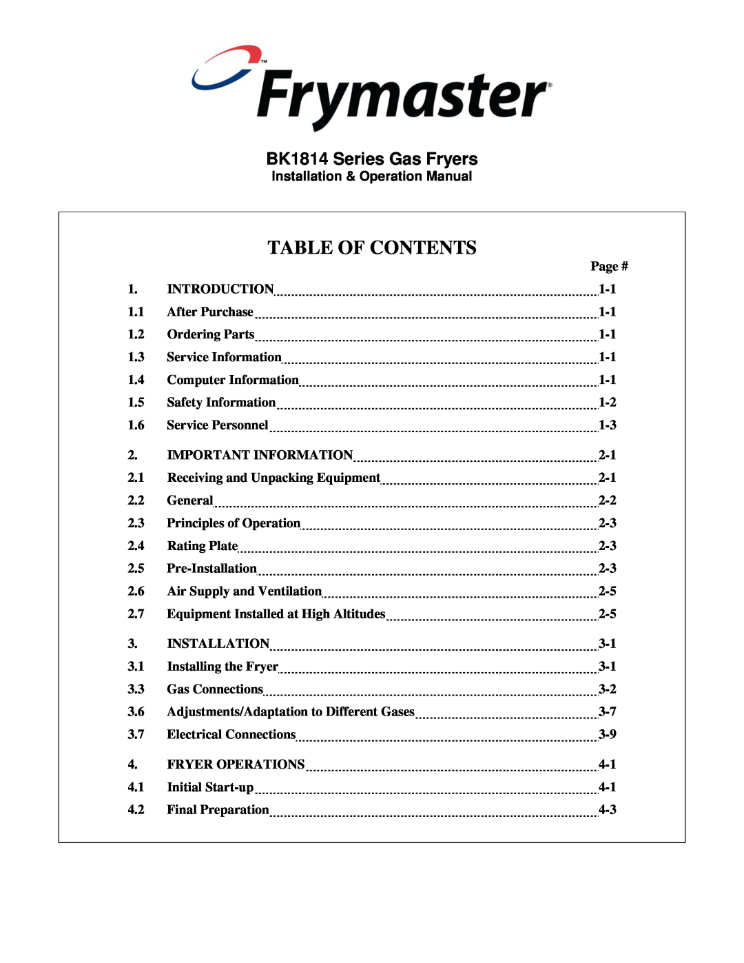 Frymaster operation manual Table Of Contents, BK1814 Series Gas Fryers 