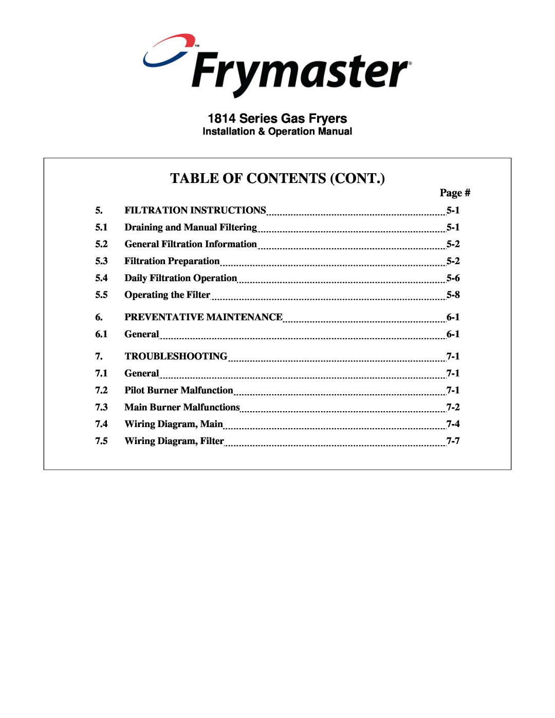 Frymaster BK1814 operation manual Table Of Contents Cont, Series Gas Fryers, Page # 