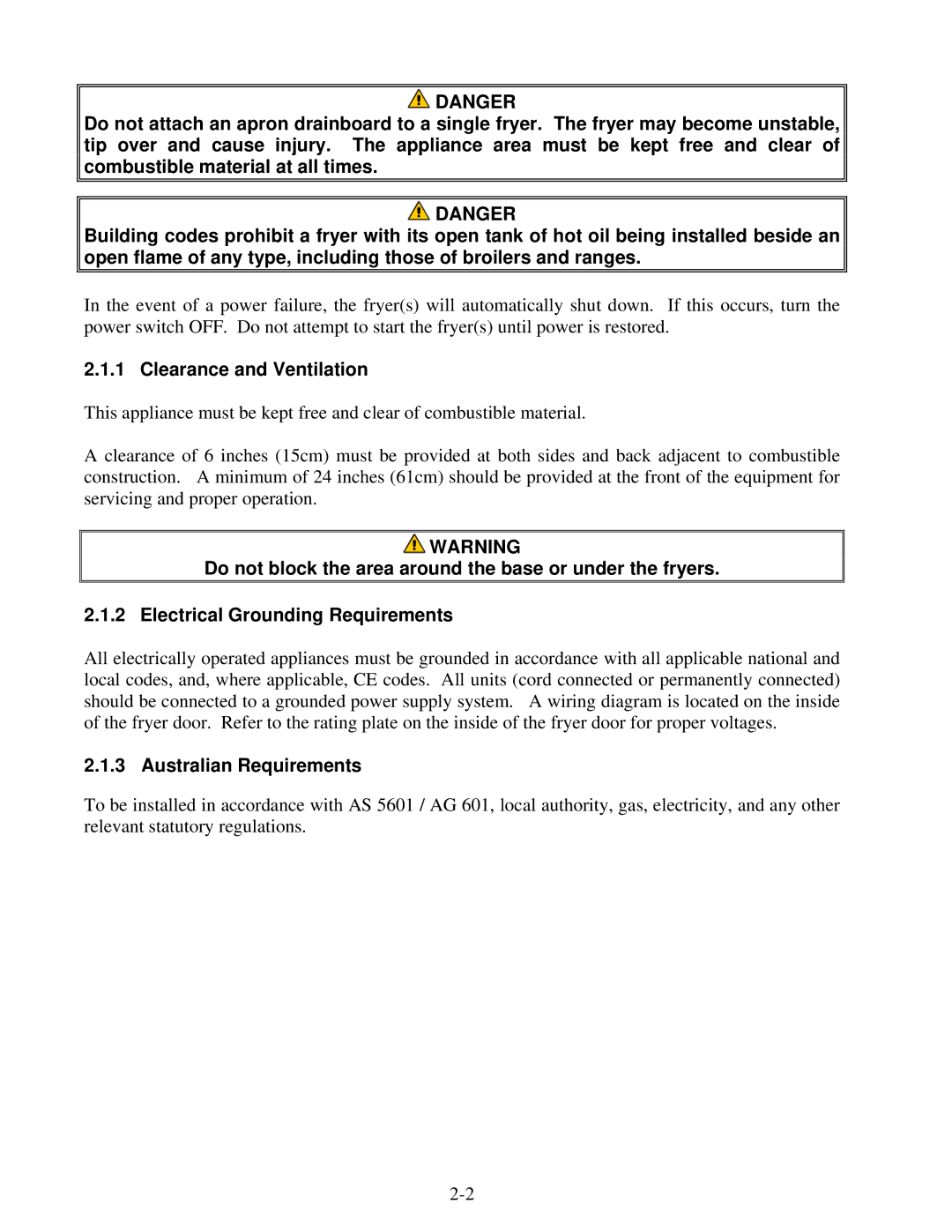 Frymaster BK1814E operation manual Clearance and Ventilation, Australian Requirements 