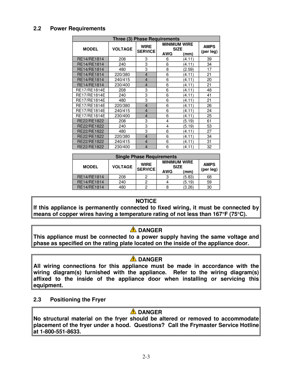 Frymaster BK1814E operation manual Power Requirements, Three 3 Phase Requirements 