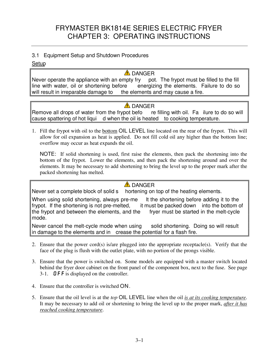 Frymaster BK1814E operation manual Equipment Setup and Shutdown Procedures 