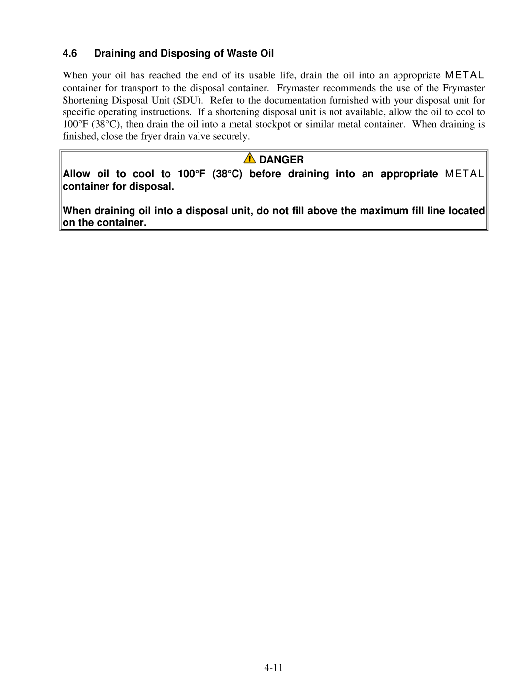 Frymaster BK1814E operation manual Draining and Disposing of Waste Oil 