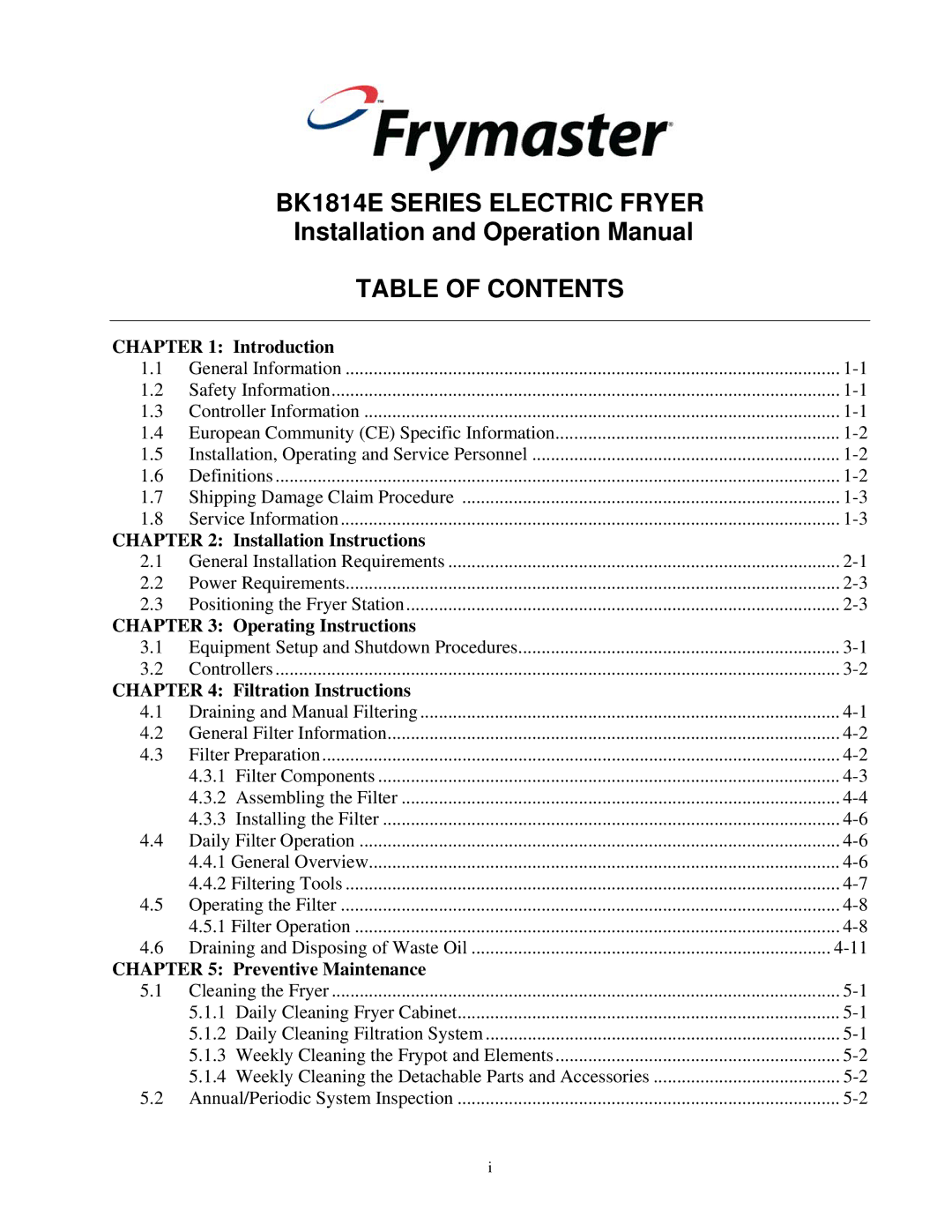 Frymaster operation manual BK1814E Series Electric Fryer Table of Contents 