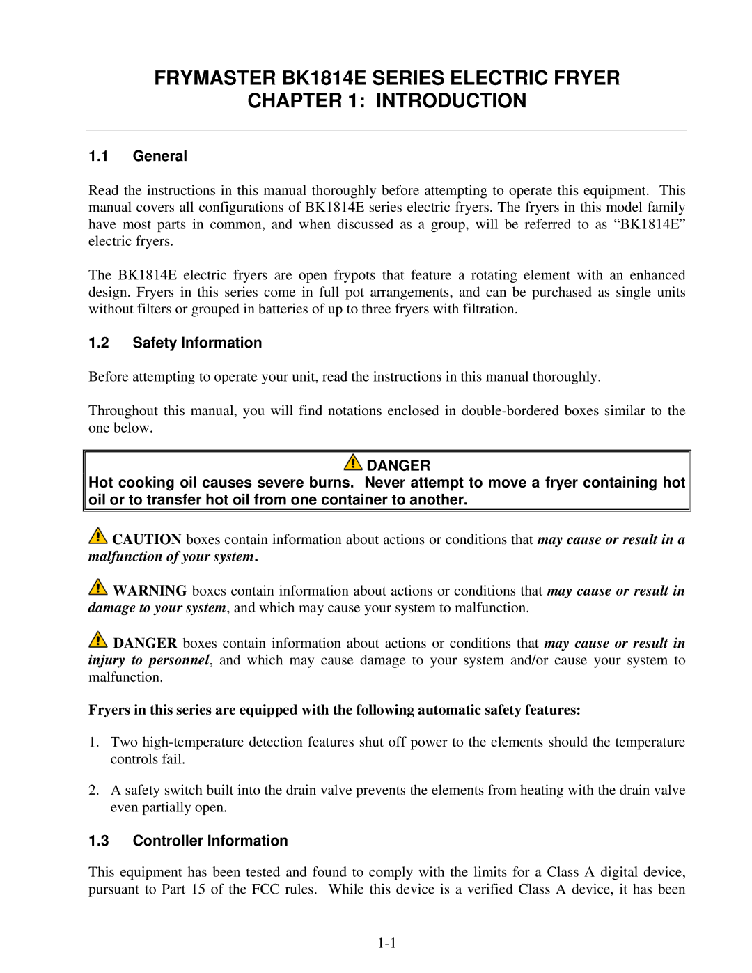 Frymaster BK1814E operation manual General, Safety Information, Controller Information 