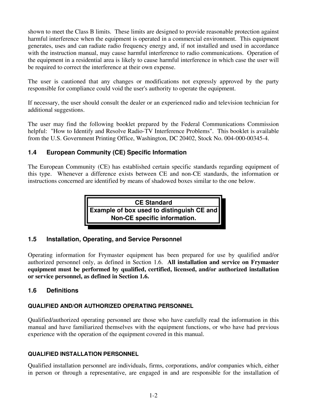 Frymaster BK1814E operation manual European Community CE Specific Information, Definitions 