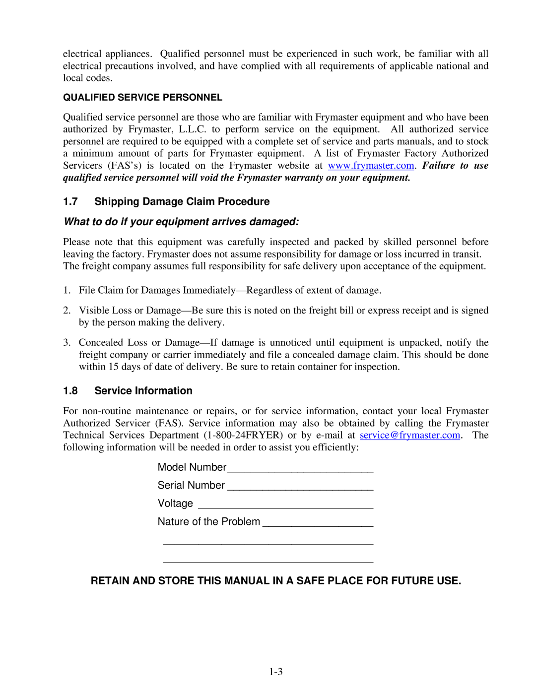 Frymaster BK1814E operation manual Shipping Damage Claim Procedure, Service Information 