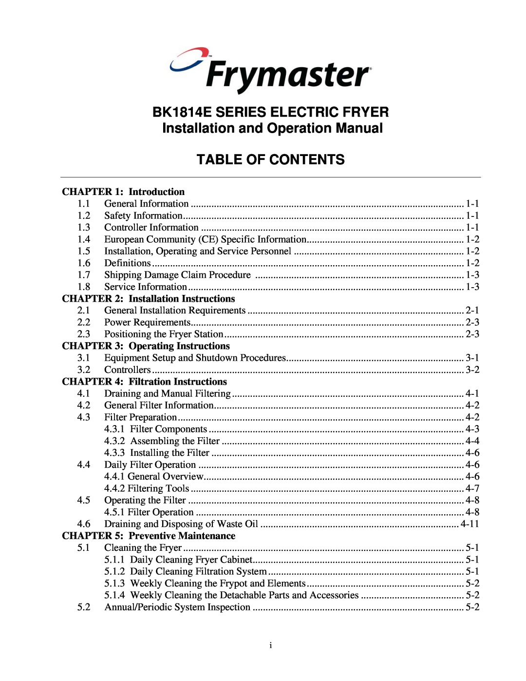 Frymaster BK1814E operation manual Table Of Contents, Introduction, Installation Instructions, Operating Instructions 