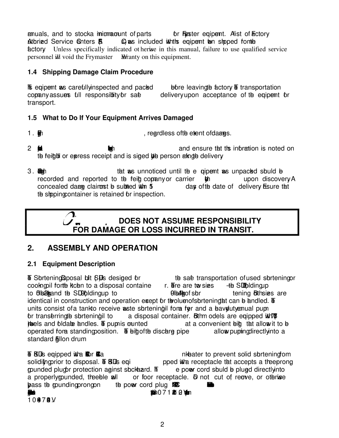 Frymaster SDU50 manual Shipping Damage Claim Procedure, What to Do If Your Equipment Arrives Damaged, Equipment Description 