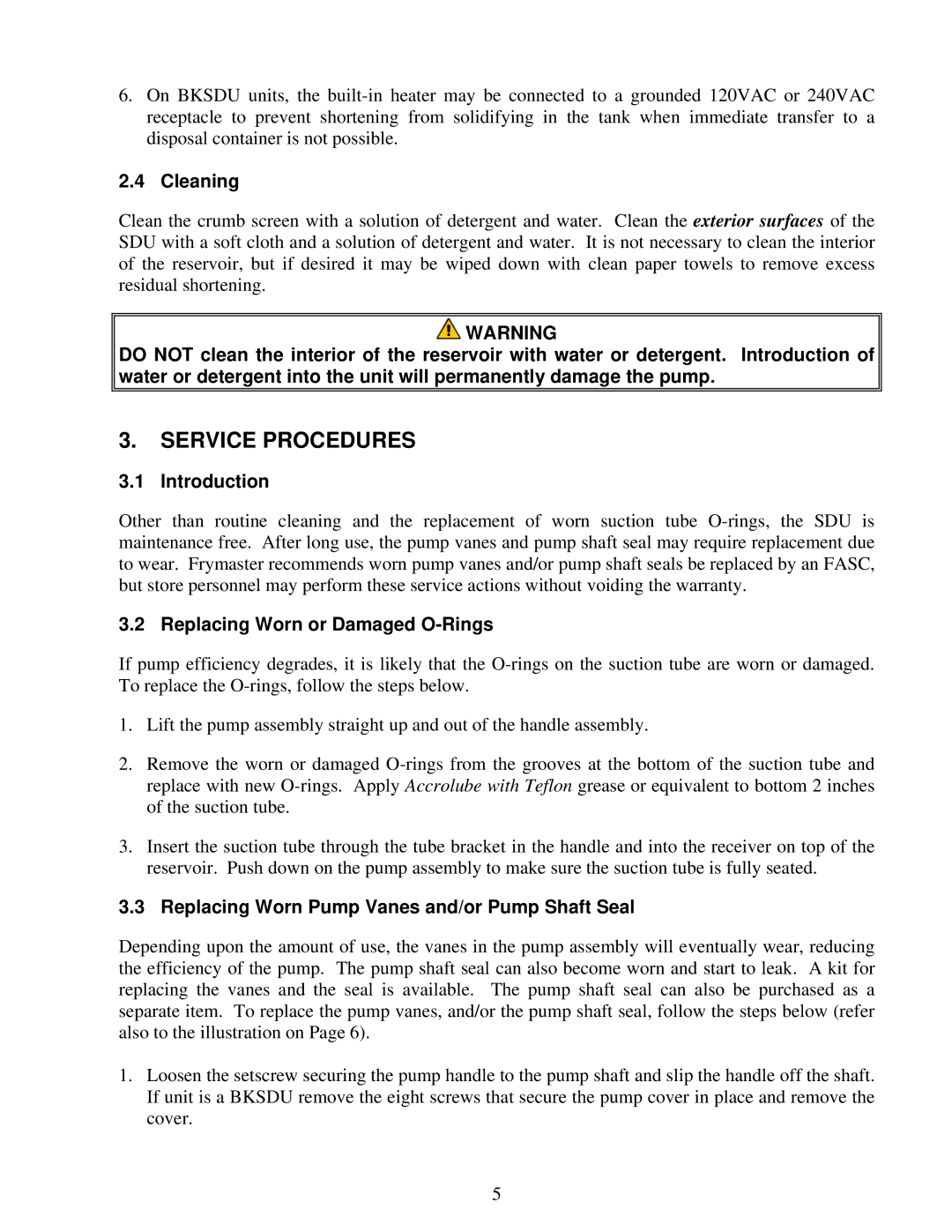 Frymaster SDU50, BKSDU, SDU90 manual Service Procedures, Cleaning, Introduction, Replacing Worn or Damaged O-Rings 