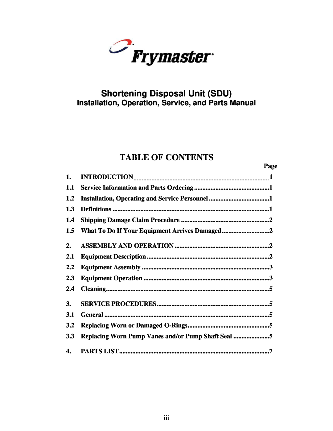 Frymaster BKSDU, SDU90 Shortening Disposal Unit SDU, Installation, Operation, Service, and Parts Manual, Table Of Contents 
