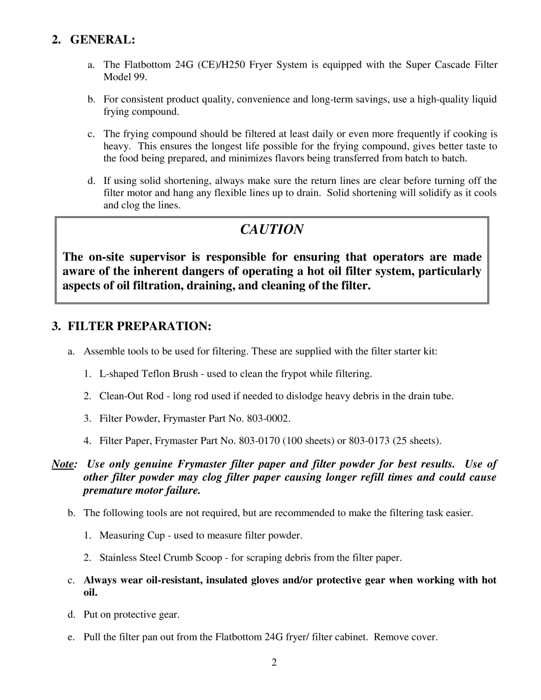 Frymaster CE operation manual General, Filter Preparation 