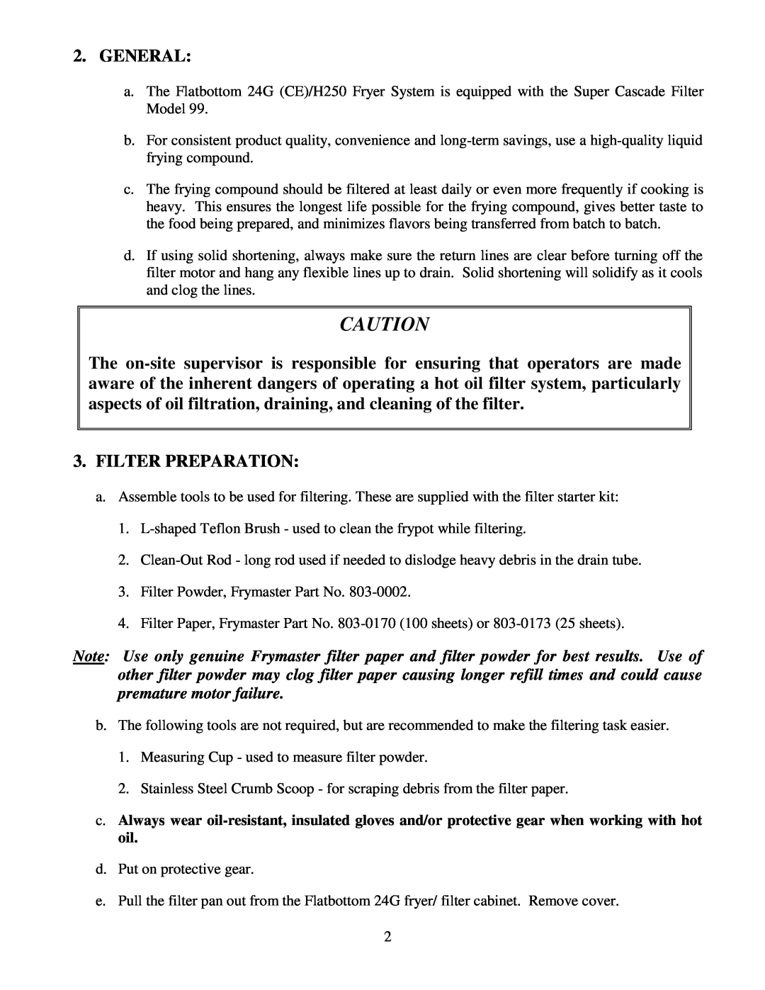 Frymaster CE operation manual General, Filter Preparation 