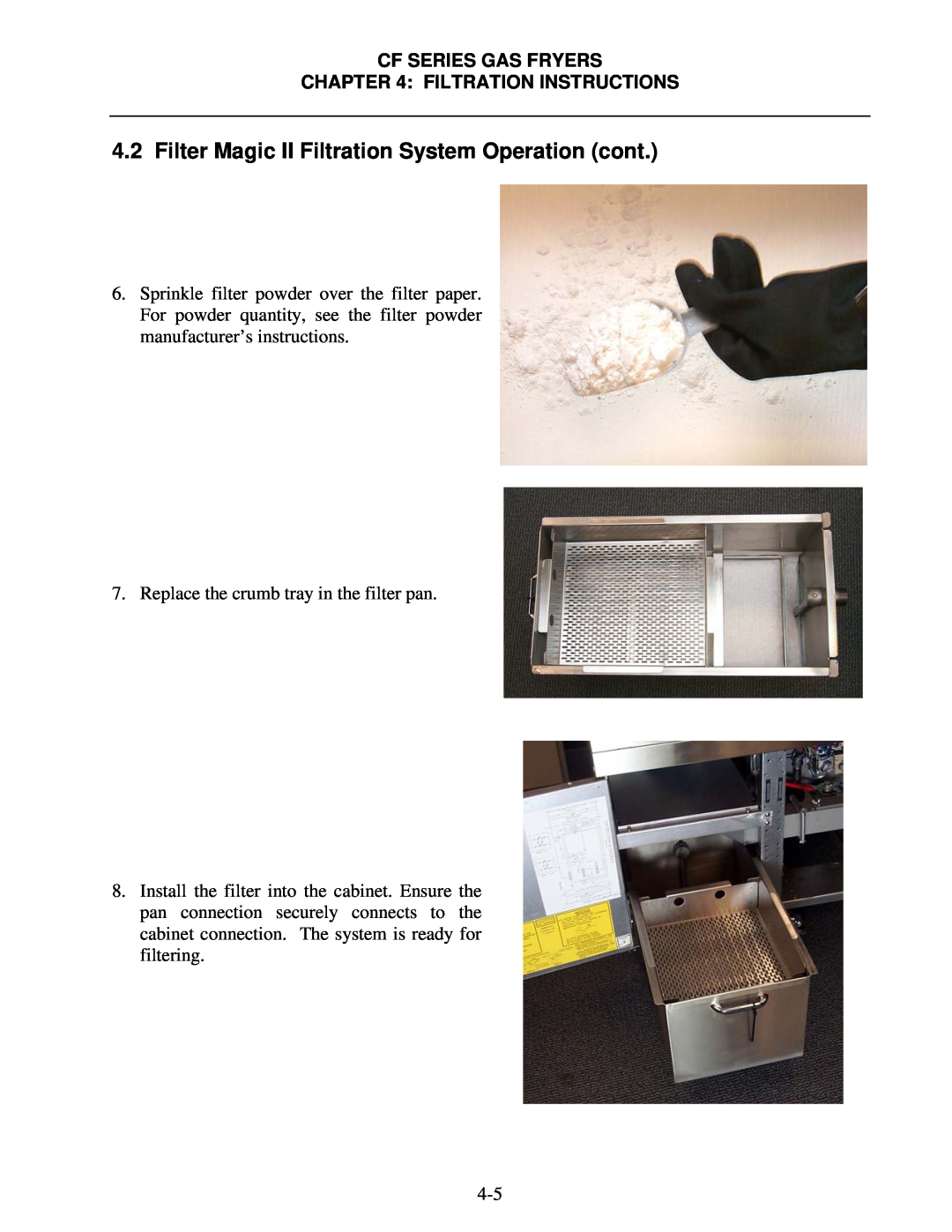 Frymaster CF Series Filter Magic II Filtration System Operation cont, Replace the crumb tray in the filter pan 