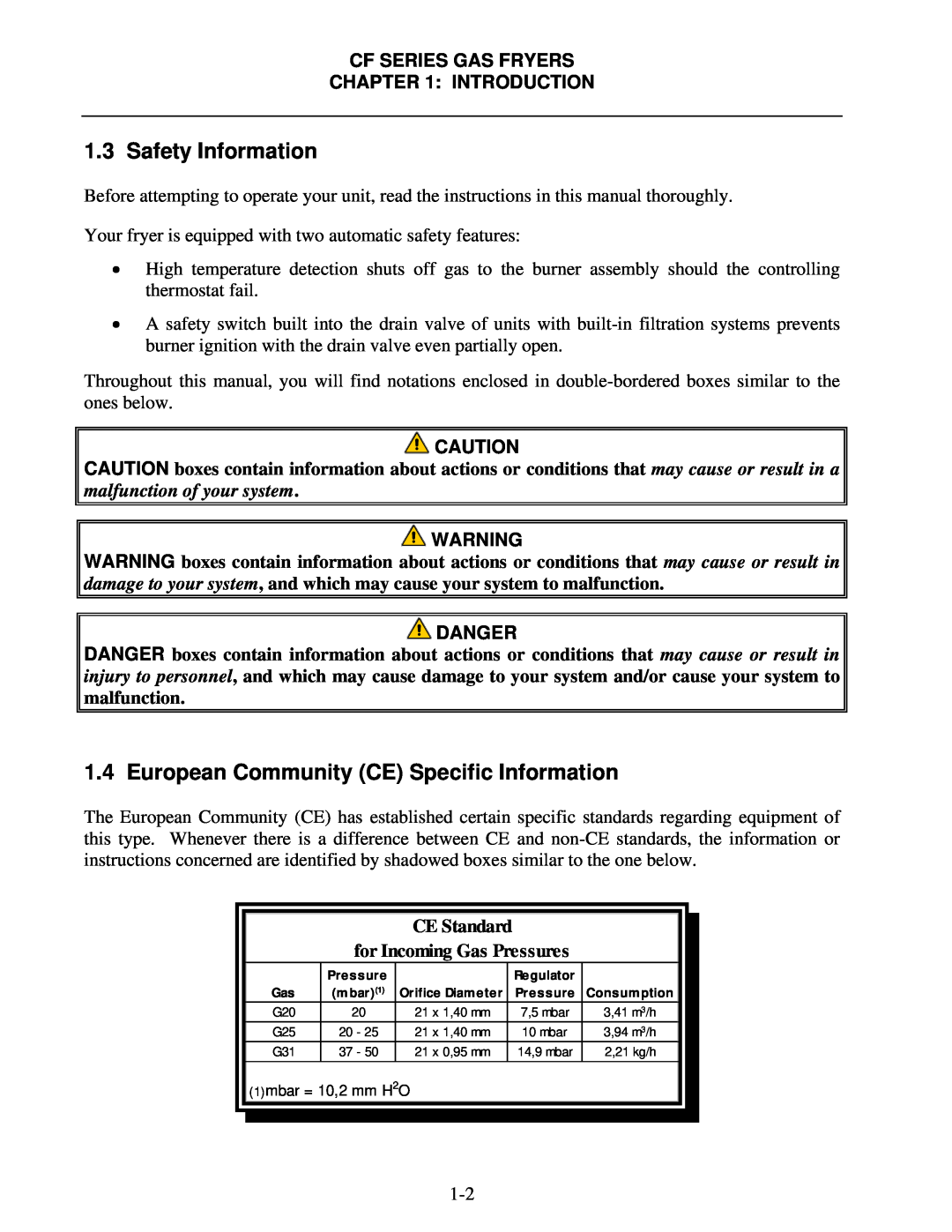 Frymaster CF Series Safety Information, European Community CE Specific Information, CE Standard for Incoming Gas Pressures 