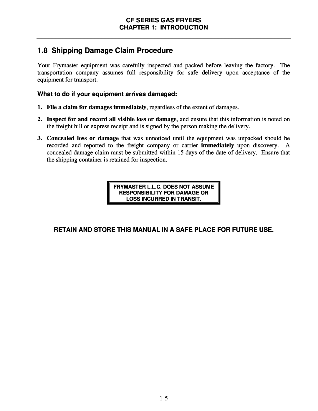 Frymaster CF Series operation manual Shipping Damage Claim Procedure 