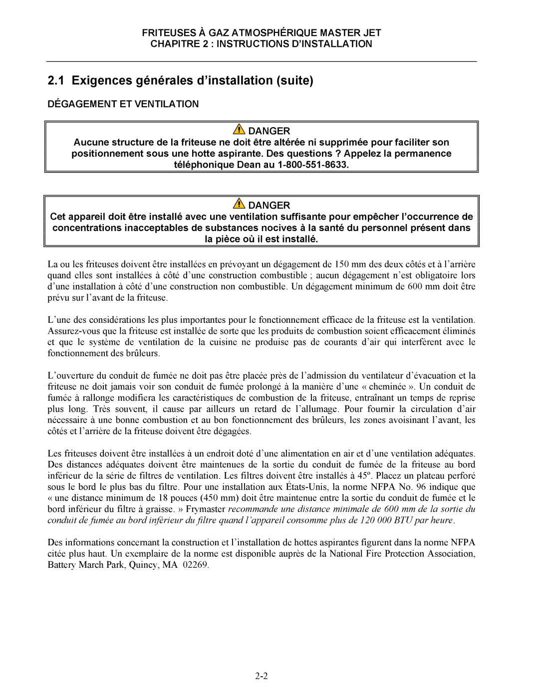 Frymaster CF manual Exigences générales d’installation suite, Dégagement ET Ventilation 