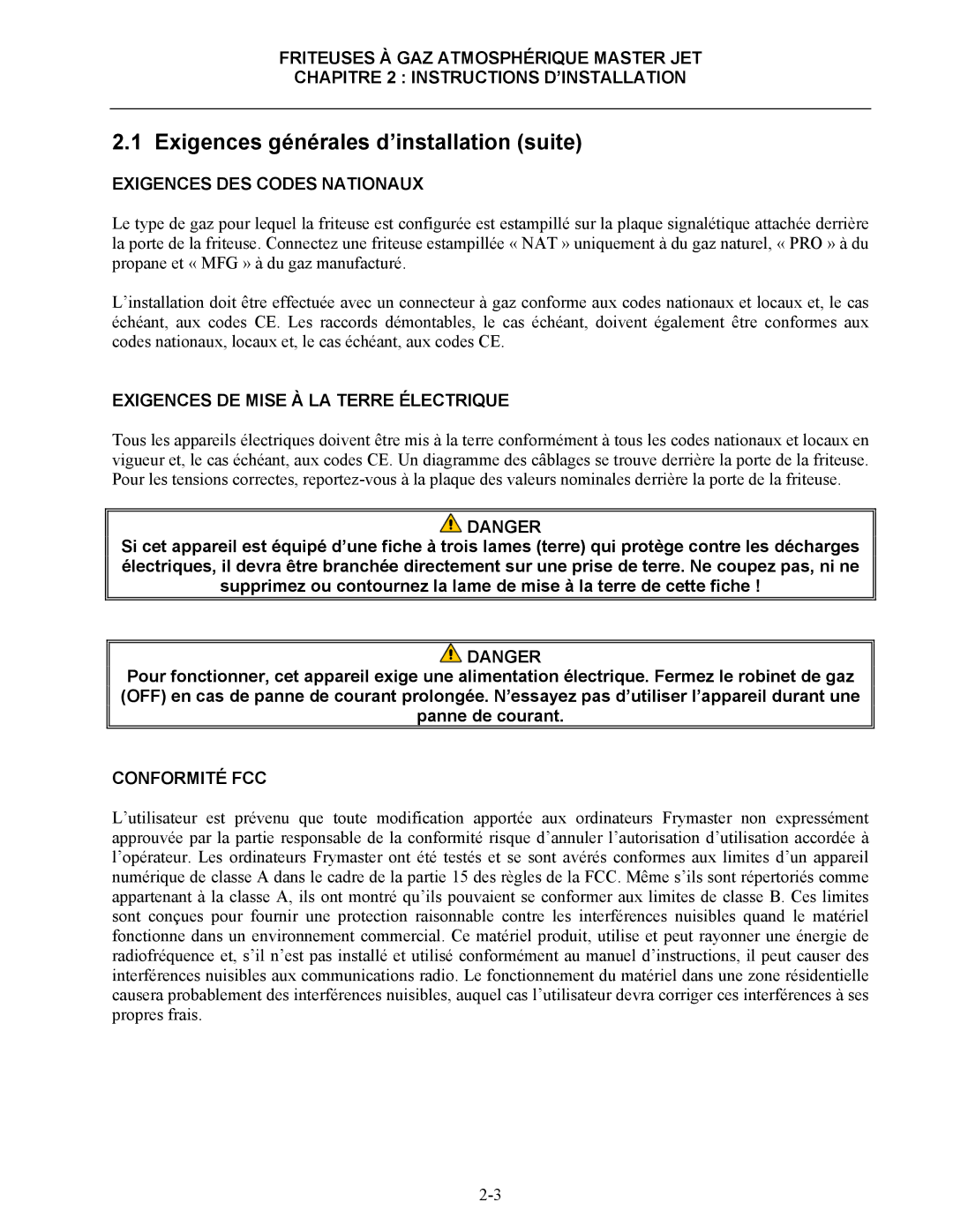 Frymaster CF manual Exigences DES Codes Nationaux, Exigences DE Mise À LA Terre Électrique, Conformité FCC 