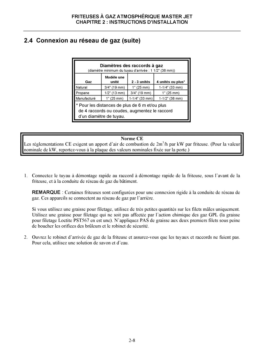 Frymaster CF manual Connexion au réseau de gaz suite, Norme CE 